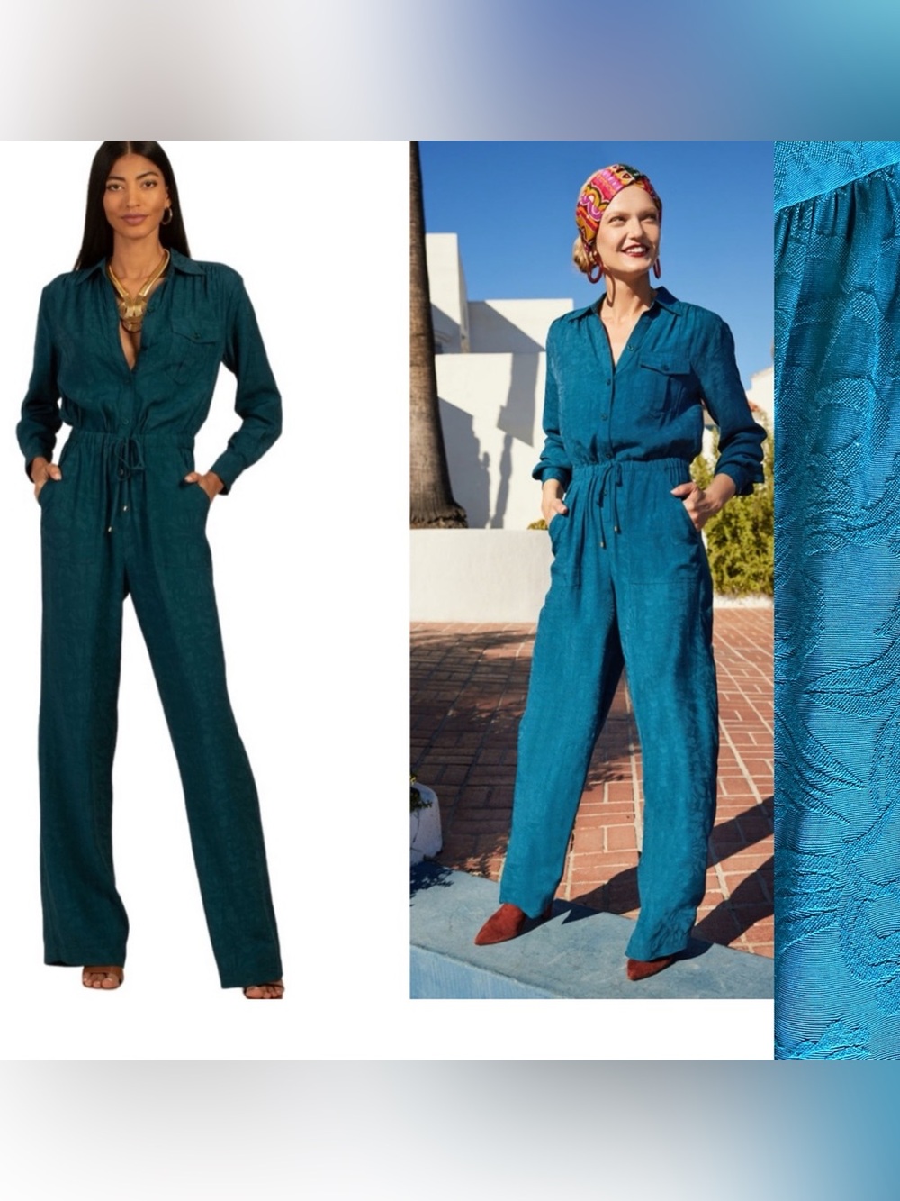 Trina Turk - Banita Jumpsuit - Teal Jacquard Wide Leg (size 10) Made in USA